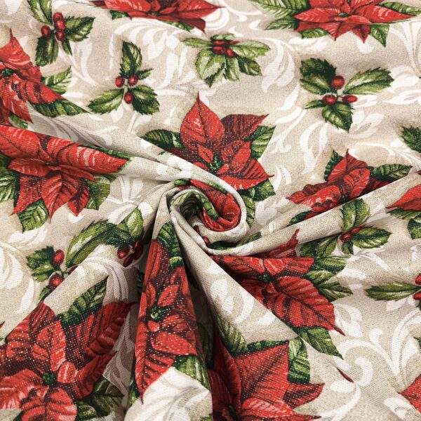 Tessuto Misto Cotone per arredo natalizio lurex a fantasia con stella di natale oro - rosso - verde - bianco