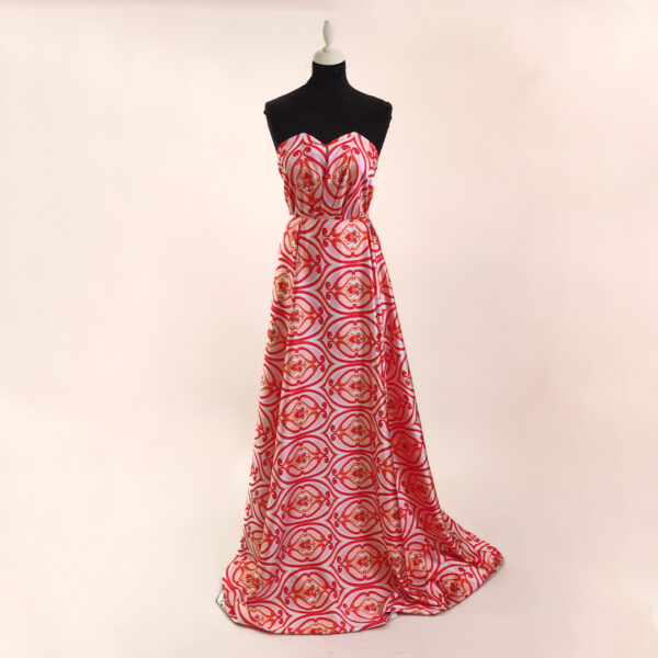 Tessuto Doppio raso a fantasia motivo astratto arancione - rosso - rosa