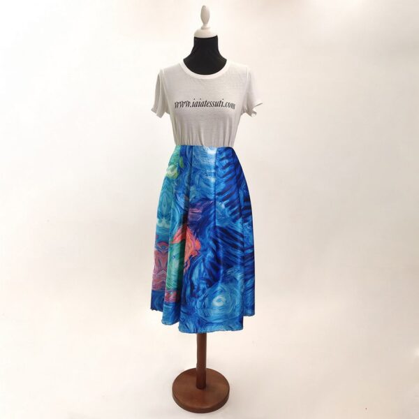 Tessuto Duchesse a fantasia motivo astratto acquamarina - blu - corallo