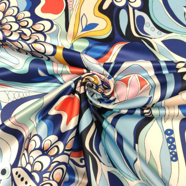 Tessuto duchesse a fantasia motivo astratto celeste - blu navy - rosso