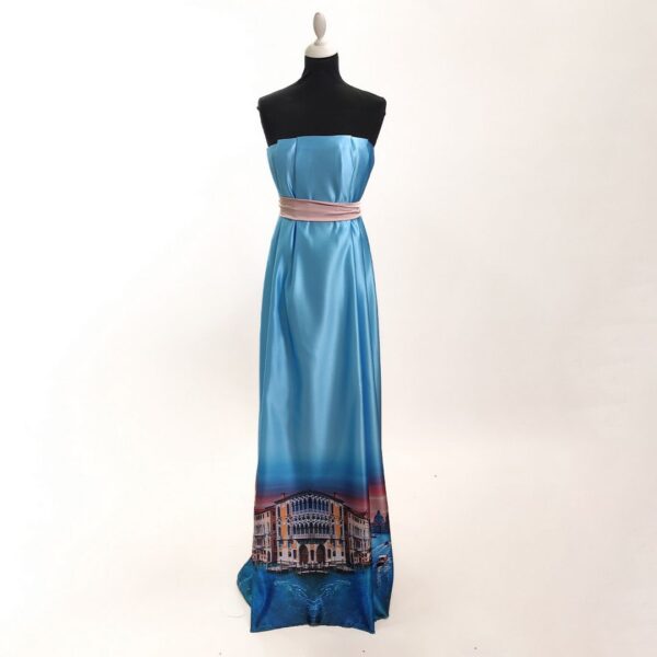 Tessuto Duchesse a fantasia motivo astratto azzurro - celeste - rosa