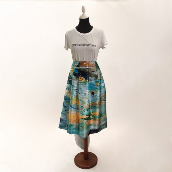 Tessuto Duchesse a fantasia motivo astratto acquamarina - ocra - celeste