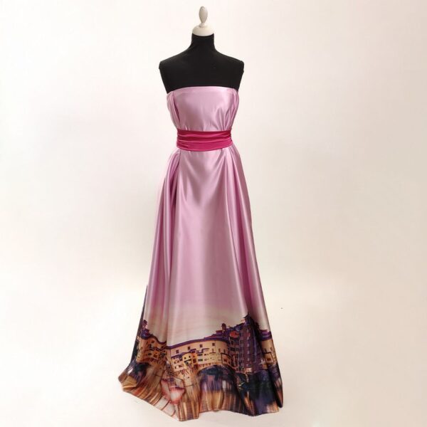 Tessuto Duchesse a fantasia motivo astratto rosa - giallo - viola