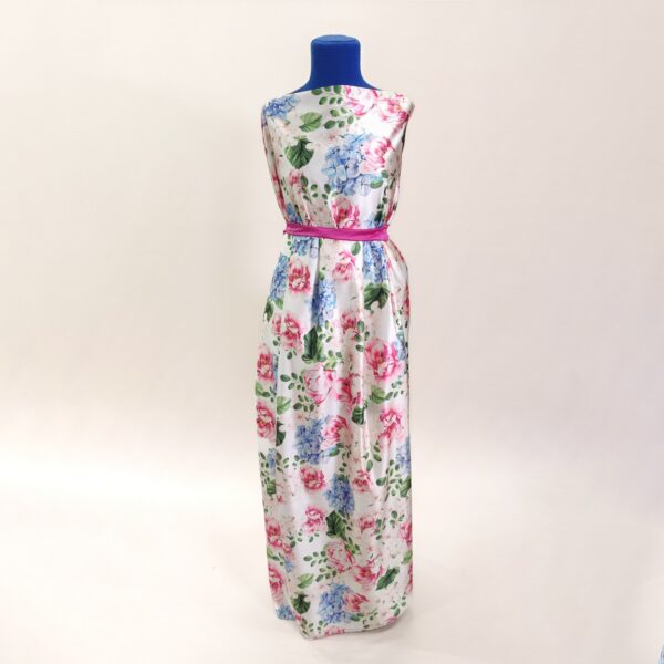 Tessuto Duchesse a fantasia motivo floreale bianco - celeste - rosa