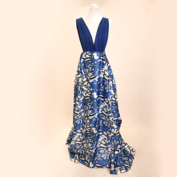 Tessuto Duchesse a fantasia motivo floreale blu elettrico - bianco