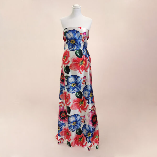 Tessuto Duchesse a fantasia motivo floreale blu - rosso - bianco