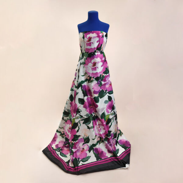 Tessuto Duchesse a fantasia motivo floreale fucsia - verde - bianco