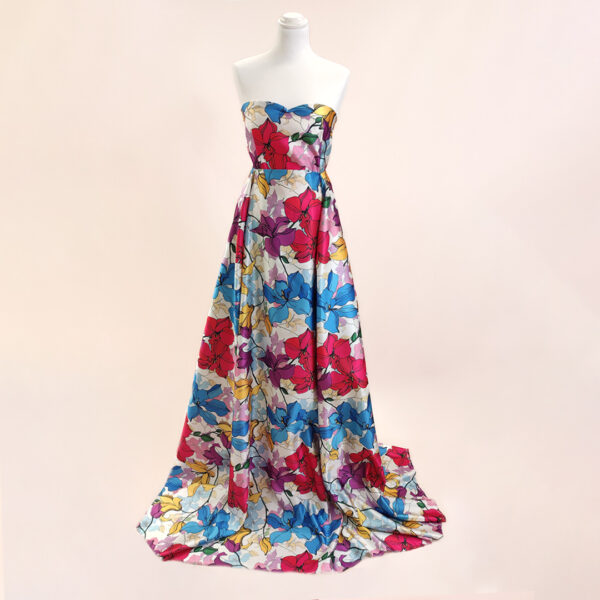 Tessuto Duchesse a fantasia motivo floreale fucsia - azzurro - viola