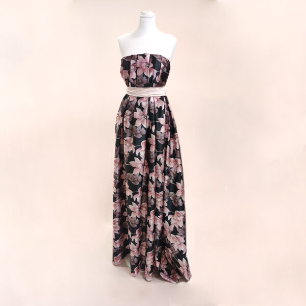 Tessuto Duchesse a fantasia motivo floreale nero - rosa