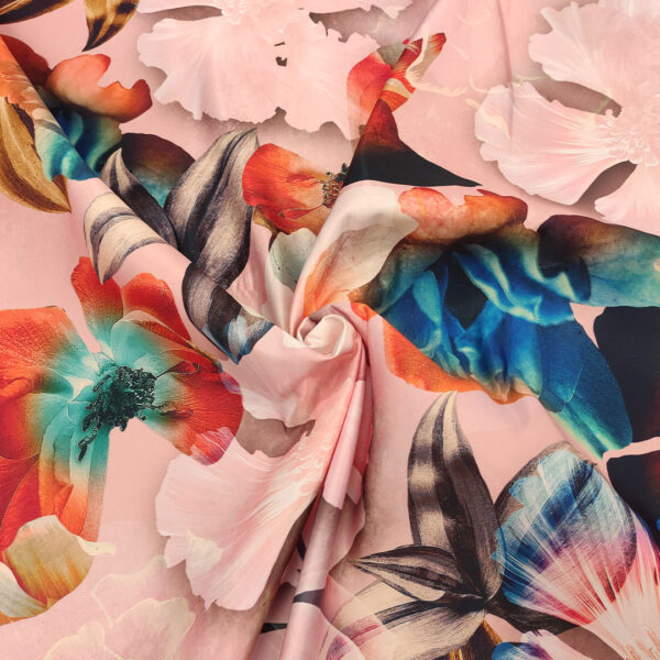 Tessuto Duchesse a fantasia motivo floreale rosa - turchese - arancione - blu