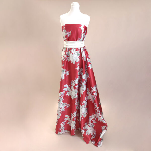 Tessuto Duchesse a fantasia motivo floreale rosso - bianco