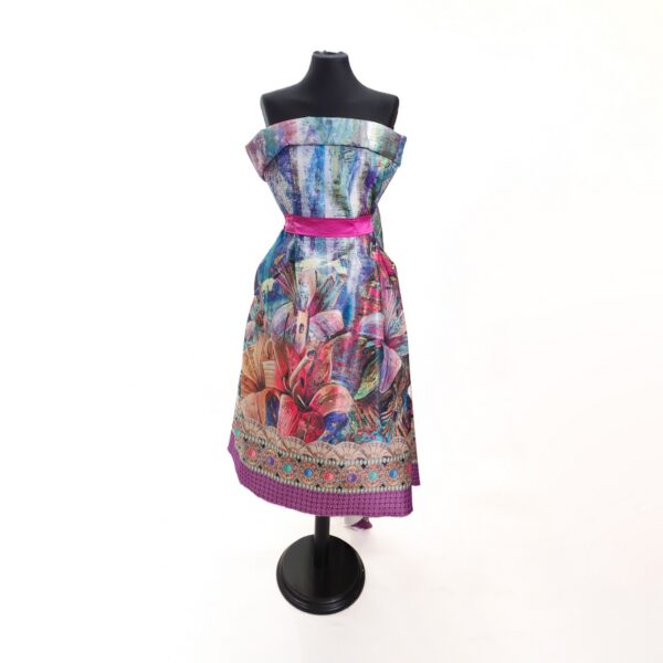 Tessuto Duchesse a fantasia motivo floreale vinaccio - azzurro