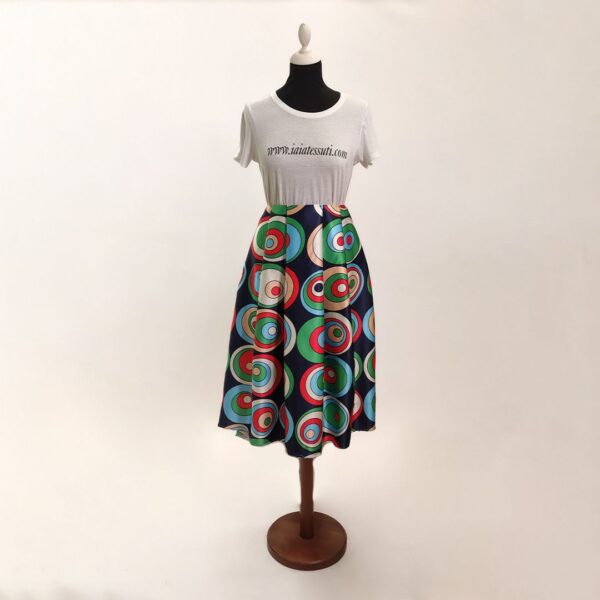 Tessuto Duchesse a fantasia motivo geometrico blu - celeste - rosso - verde