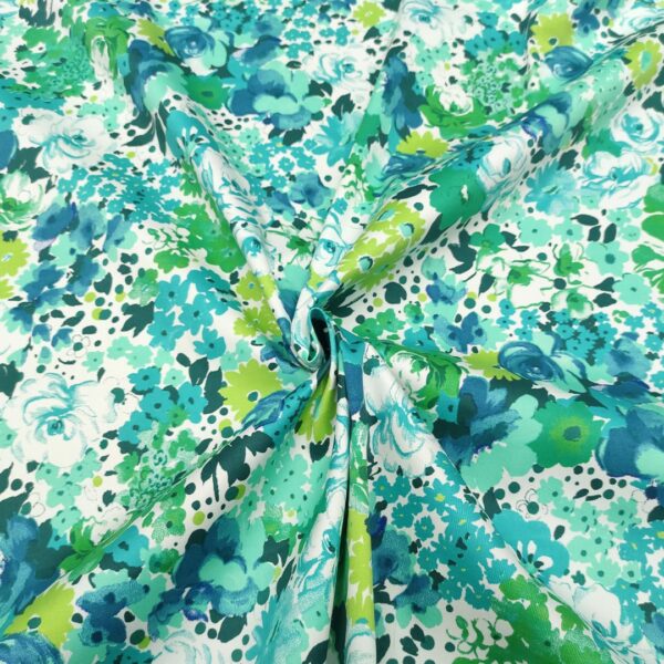 Tessuto Gabardine di Cotone a fantasia motivo floreale tiffany - bianco - smeraldo