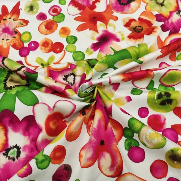 Tessuto Gabardine di Cotone a fantasia motivo floreale verde acido - magenta - bianco