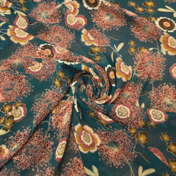 Tessuto Georgette a fantasia motivo astratto ottanio - bordeaux - panna