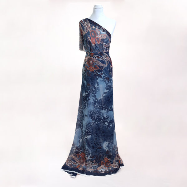 Tessuto Georgette a fantasia motivo astratto - blu - arancione