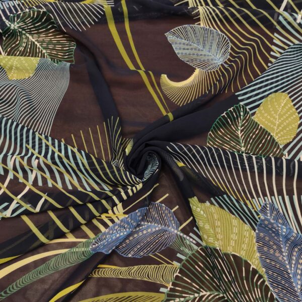 Tessuto Georgette a fantasia motivo astratto blu notte - celeste - lime