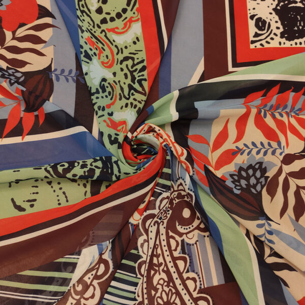 Tessuto Georgette a fantasia motivo astratto verde salvia - rosso - celeste