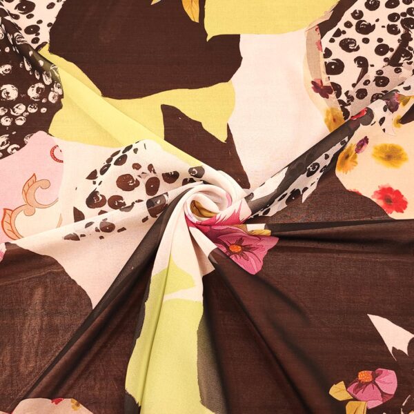 Tessuto Georgette a fantasia motivo astratto nero - lime - vinaccio