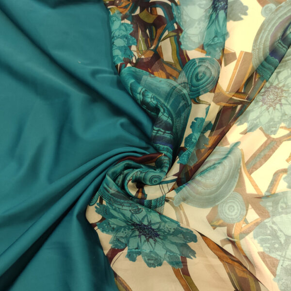 Tessuto Georgette a fantasia abbinato a tessuto Raso di Cotone in tinta unita verde petrolio