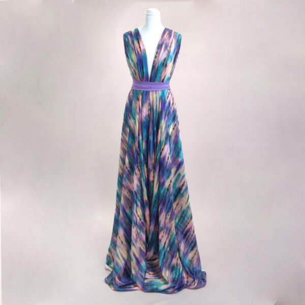 Tessuto Georgette a fantasia motivo astratto viola - turchese - arancione