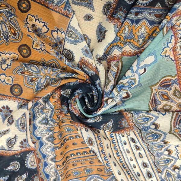 Tessuto Georgette a fantasia motivo etnico blu - coccio - acquamarina