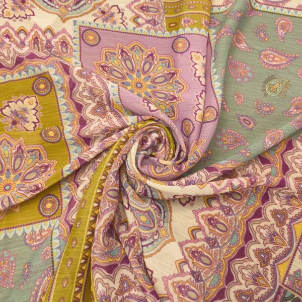 Tessuto Georgette a fantasia motivo etnico cedro - magenta - tiffany