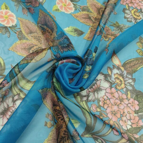 Tessuto Georgette a fantasia motivo floreale azzurro - verde - rosa