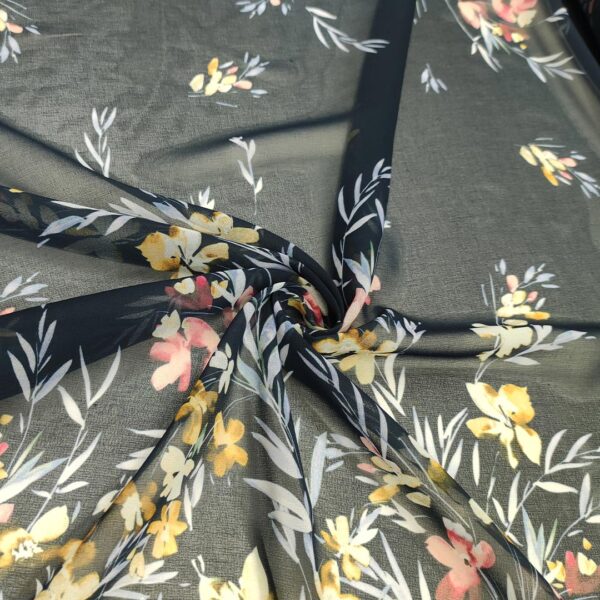 Tessuto Georgette a fantasia motivo floreale blu - ocra - celeste