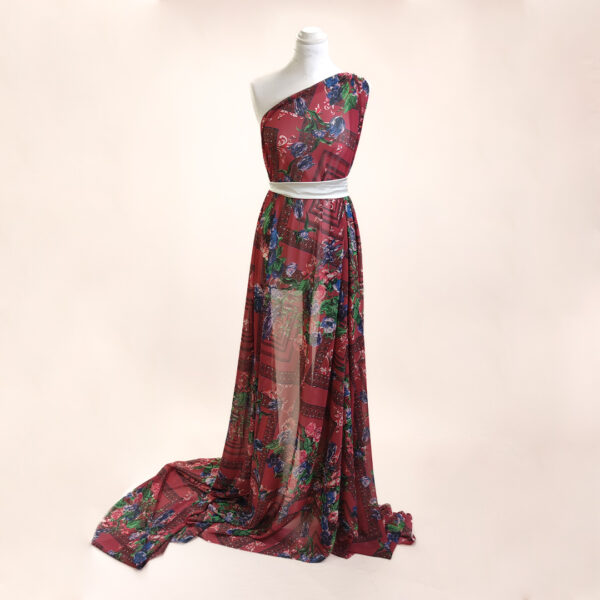 Tessuto Georgette a fantasia motivo floreale bordeaux - lampone - blu