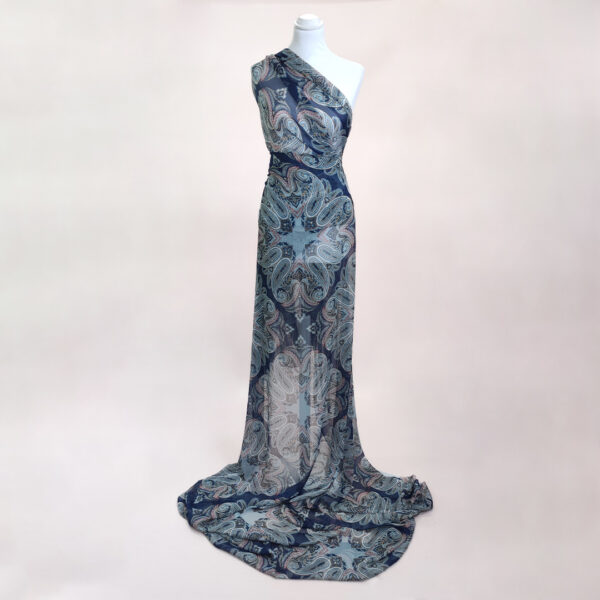 Tessuto Georgette a fantasia motivo floreale cashmere blu - celeste - arancione