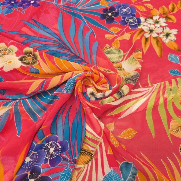 Tessuto Georgette a fantasia motivo floreale fucsia - blu elettrico - arancio