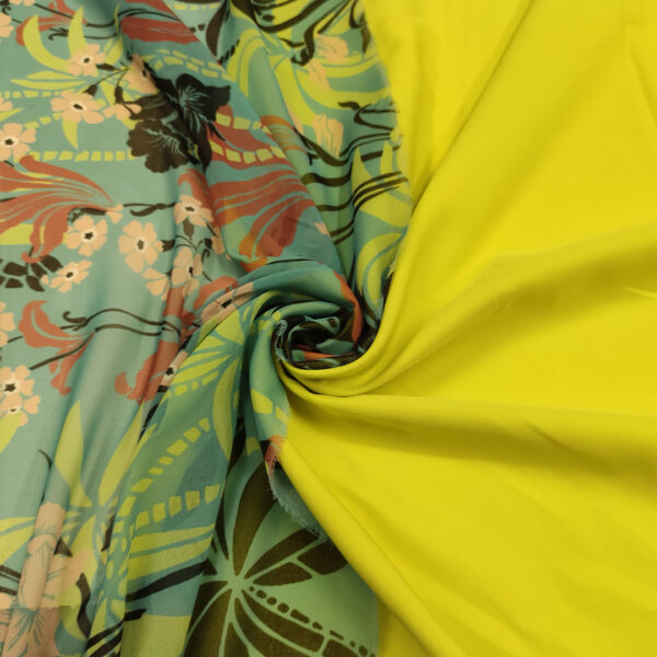 Tessuto Georgette a fantasia abbinato a Tessuto Cady elasticizzato in tinta unita lime