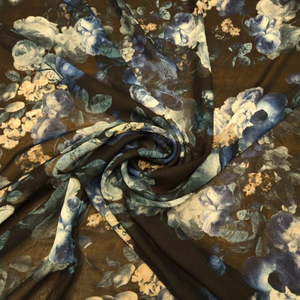 Tessuto Georgette a fantasia motivo floreale nero - panna - avio