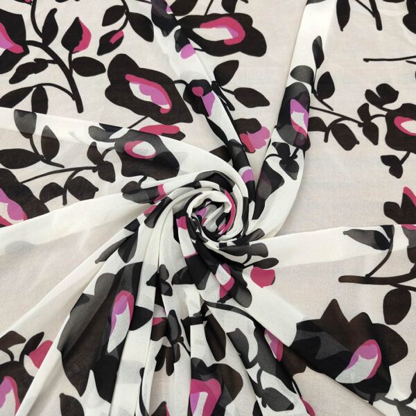 Tessuto Georgette a fantasia motivo floreale panna - nero - orchidea