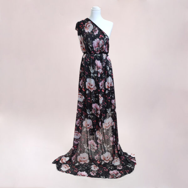 Tessuto Georgette a fantasia motivo floreale rosa - nero - rosso