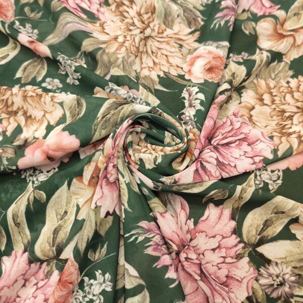 Tessuto Georgette a fantasia motivo floreale verde bosco - rosa - beige