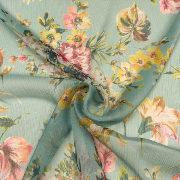 Tessuto Georgette a fantasia motivo floreale verde tiffany - rosa - giallo