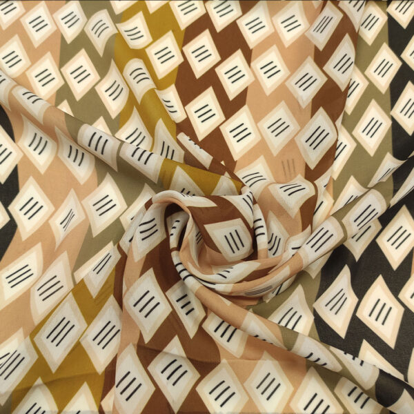 Tessuto Georgette a fantasia motivo geometrico beige - tabacco - verde militare