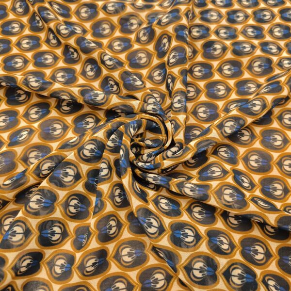 Tessuto Georgette a fantasia motivo geometrico giallo - blu - tabacco