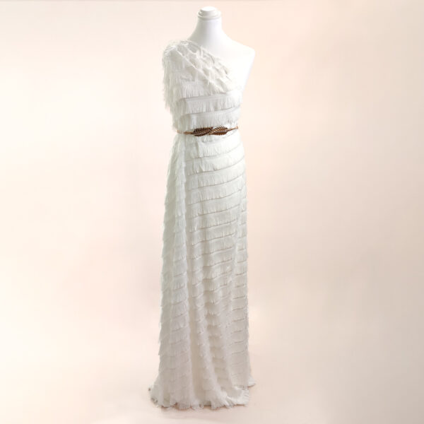 Tessuto Georgette con frange in tinta unita bianco