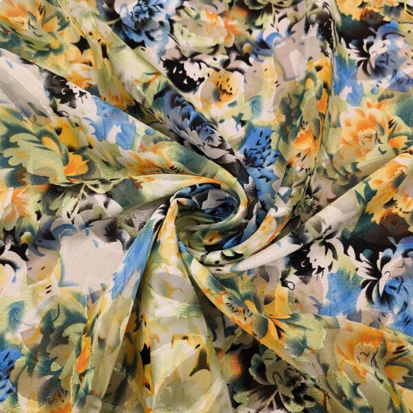 Tessuto Chiffon devorè motivo floreale giallo - turchese - bianco