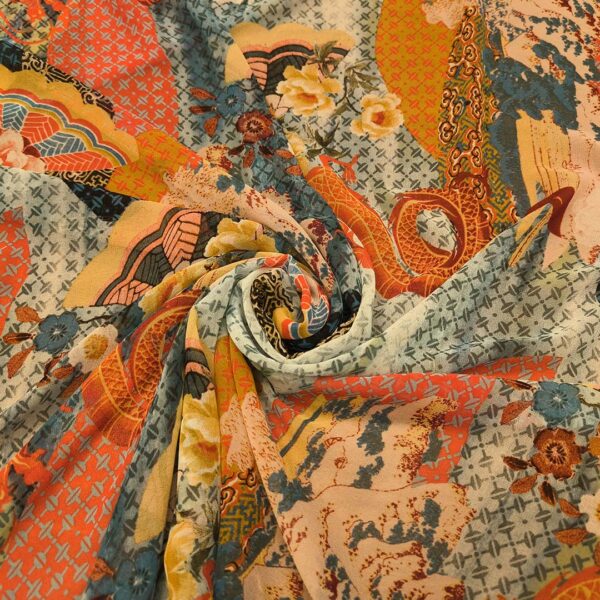 Tessuto Georgette a fantasia motivo astratto celeste - arancione - blu