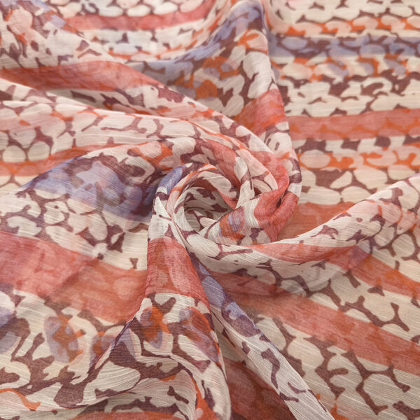 Tessuto Georgette a fantasia motivo astratto rosso - bianco - viola