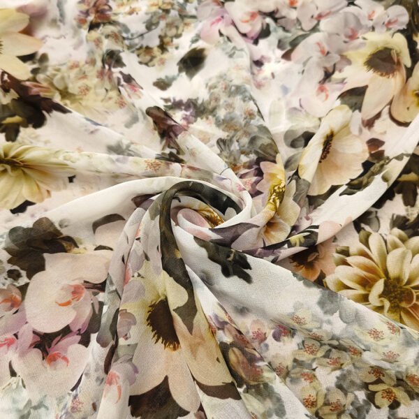 Tessuto Georgette a fantasia motivo floreale bianco - rosa - nero - cedro