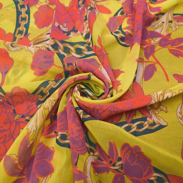 Tessuto Georgette a fantasia motivo floreale giallo - rosso - verde ottanio