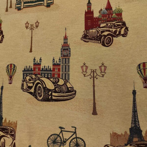 Tessuto Gobelin a fantasia motivo astratto beige - verde - petrolio - rosso