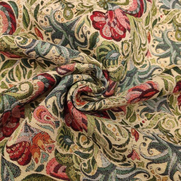 Tessuto gobelin a fantasia motivo floreale celeste - verde - rosso