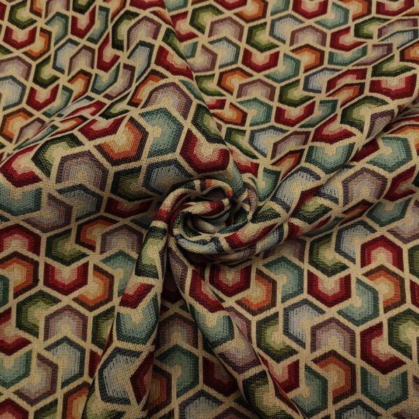 Tessuto Gobelin a fantasia motivo geometrico verde - rosso - turchese